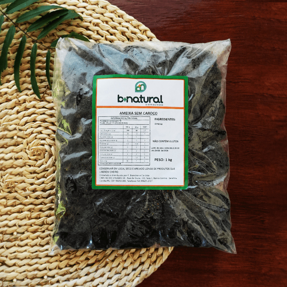 Pacote de Ameixa Sem Caroço 1kg B+Natural, fruta desidratada naturalmente, fonte de fibras, indicada para lanches, receitas e alimentação equilibrada.