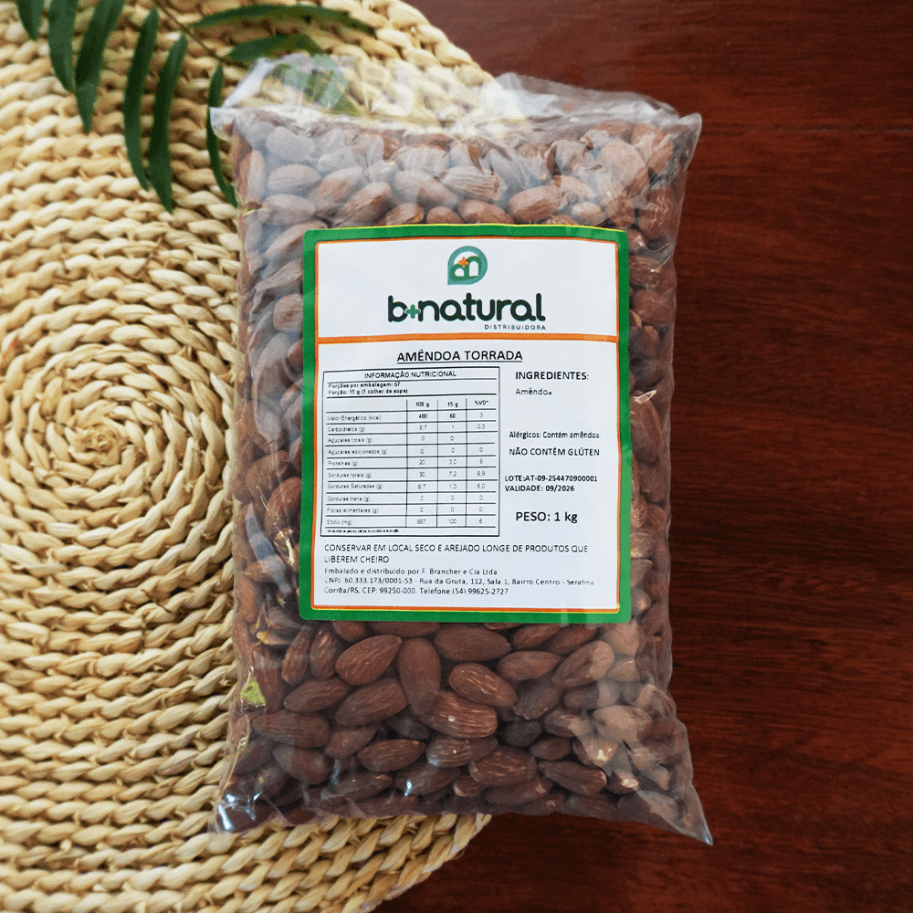 Pacote de Amêndoa Torrada 1kg B+Natural, fruta desidratada naturalmente, fonte de fibras, indicada para lanches, receitas e alimentação equilibrada.
