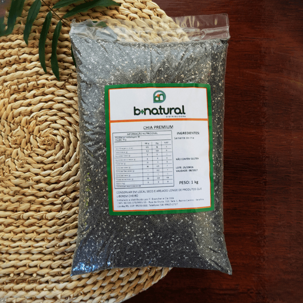 Pacote de Chia Premium 1kg B+Natural, fruta desidratada naturalmente, fonte de fibras, indicada para lanches, receitas e alimentação equilibrada.