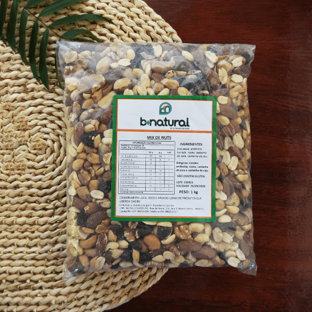 Pacote de Mix de Nuts 1kg B+Natural, fruta desidratada naturalmente, fonte de fibras, indicada para lanches, receitas e alimentação equilibrada.