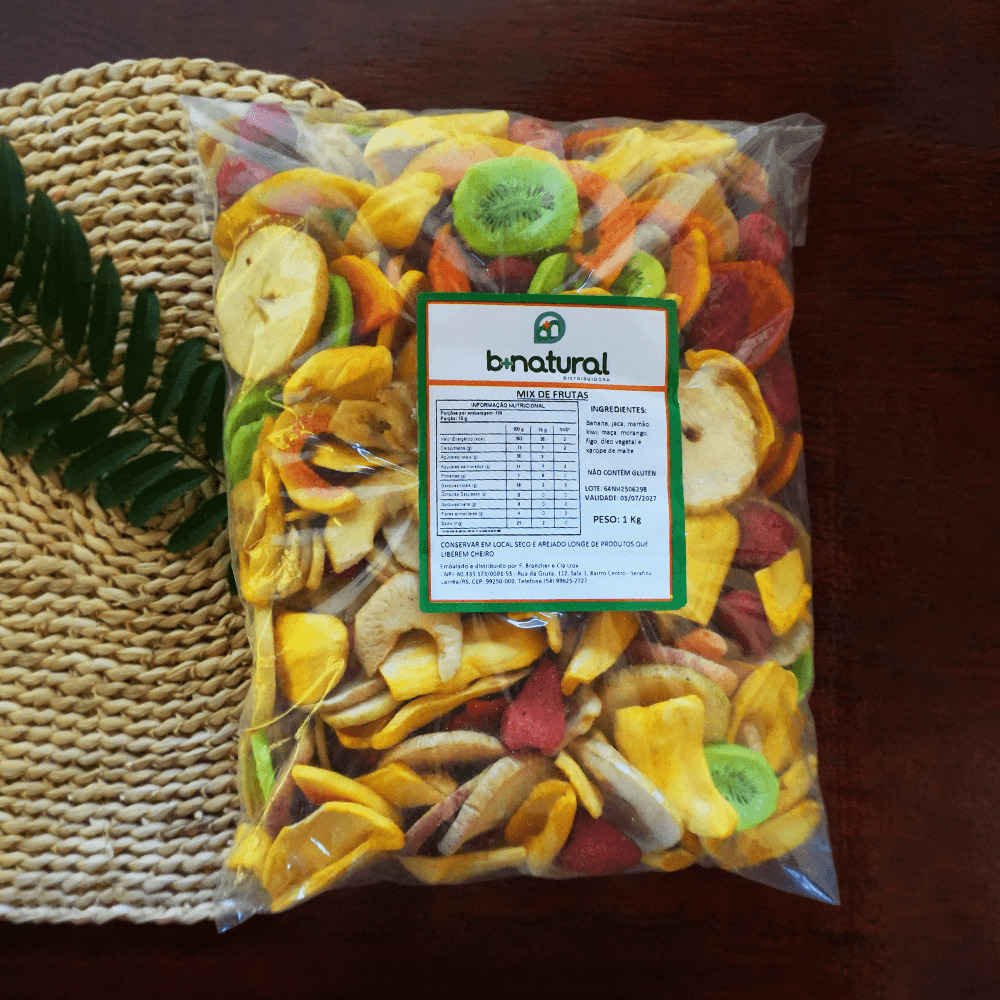 Pacote de Mix de Frutas 1kg B+Natural, fruta desidratada naturalmente, fonte de fibras, indicada para lanches, receitas e alimentação equilibrada.