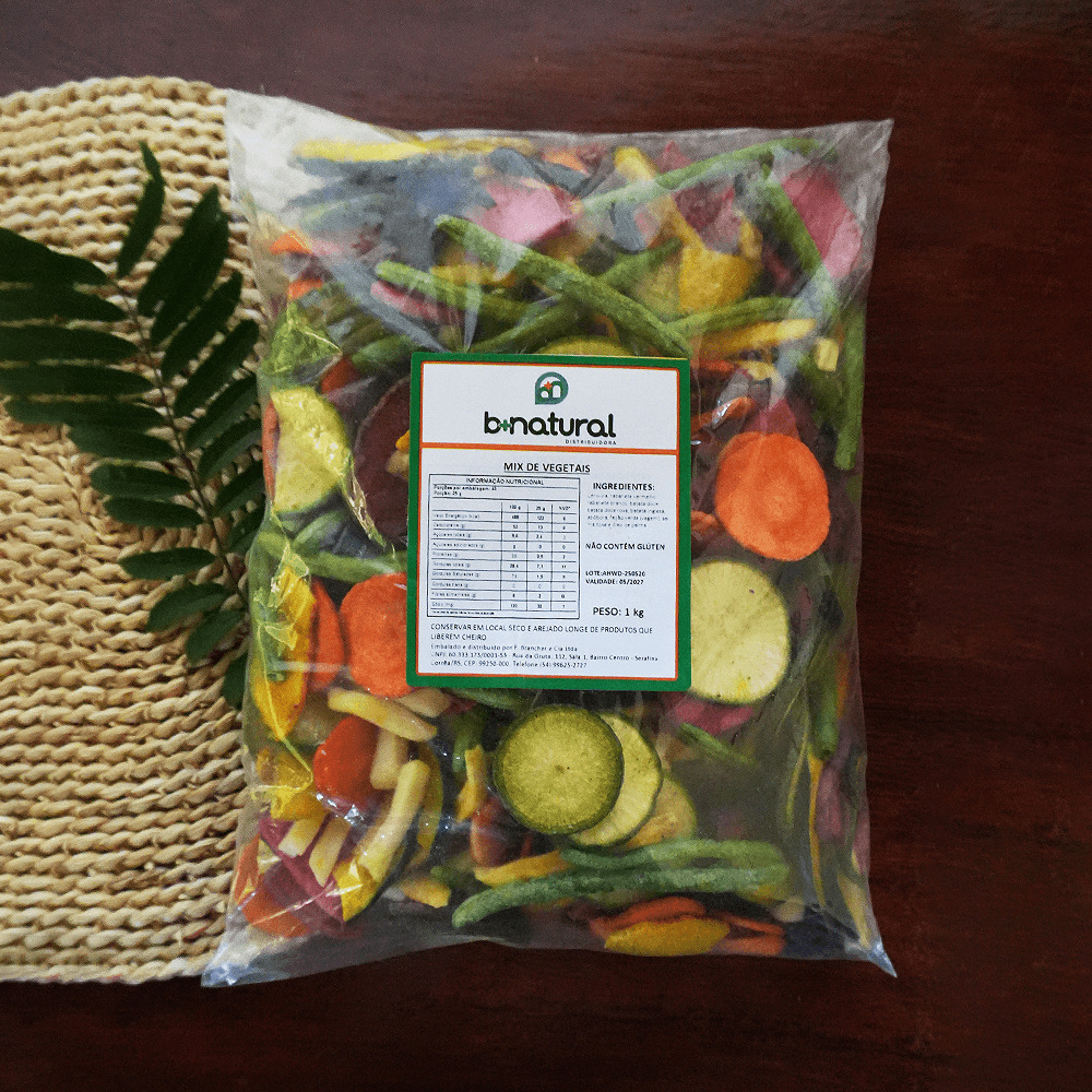 Pacote de Mix de Vegetais 1kg B+Natural, fruta desidratada naturalmente, fonte de fibras, indicada para lanches, receitas e alimentação equilibrada.