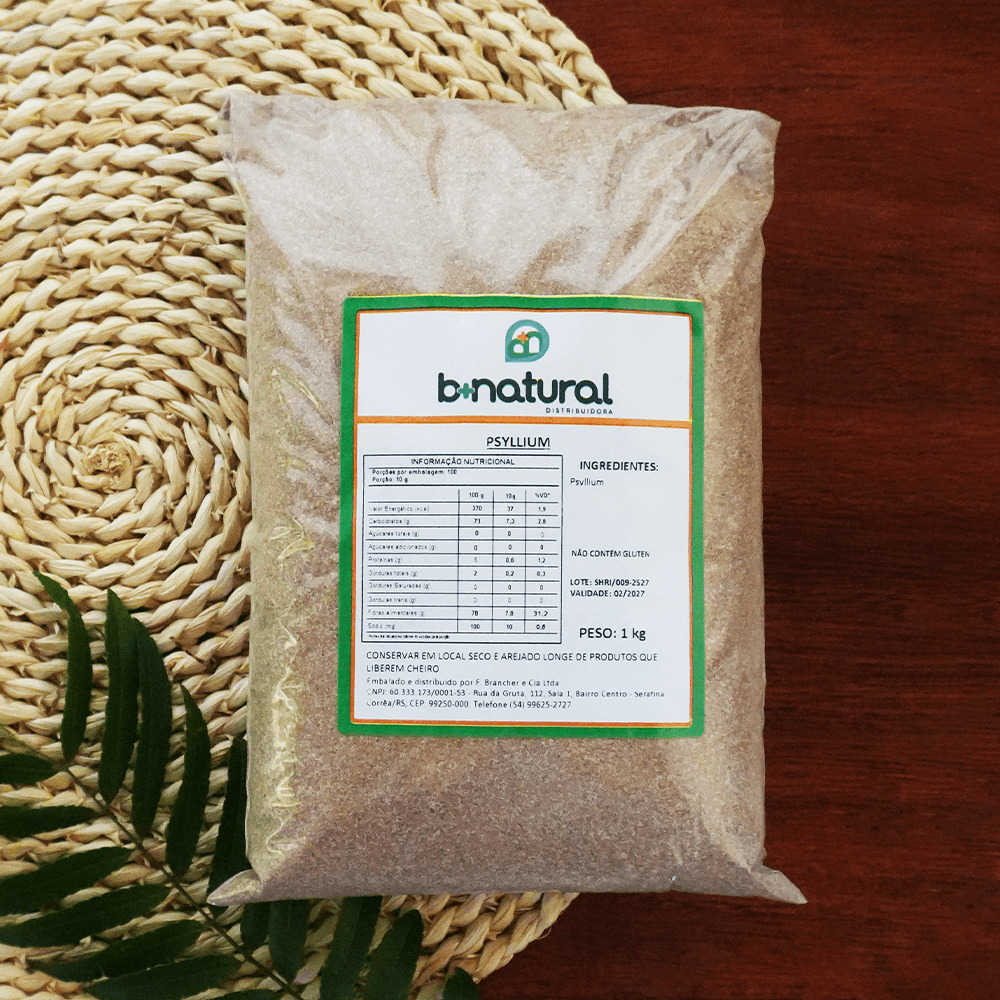 Pacote de Psyllium 1kg B+Natural, fruta desidratada naturalmente, fonte de fibras, indicada para lanches, receitas e alimentação equilibrada.