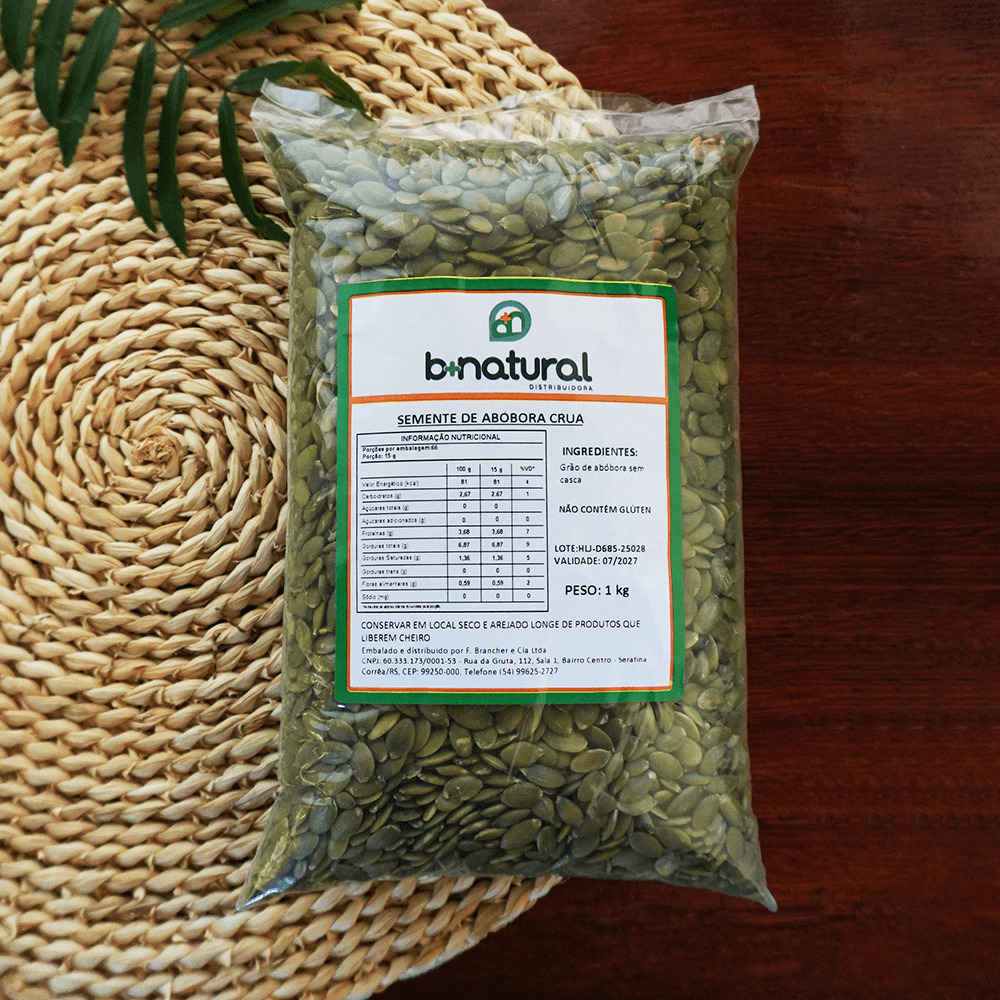 Pacote de Semente de Abóbora 1kg B+Natural, fruta desidratada naturalmente, fonte de fibras, indicada para lanches, receitas e alimentação equilibrada.